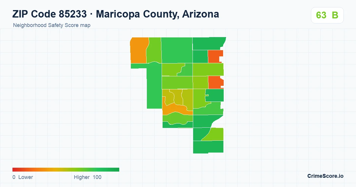 ZIP Code 85233 in Maricopa County, Arizona neighborhood Safety Score map