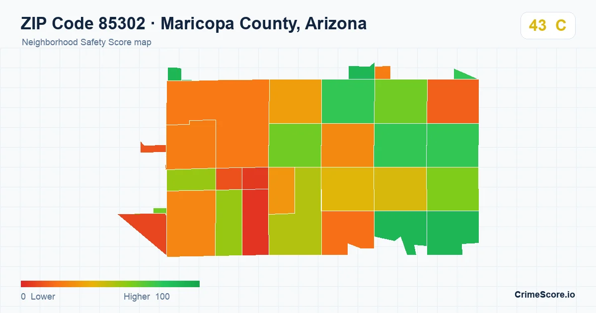 ZIP Code 85302 in Maricopa County, Arizona neighborhood Safety Score map