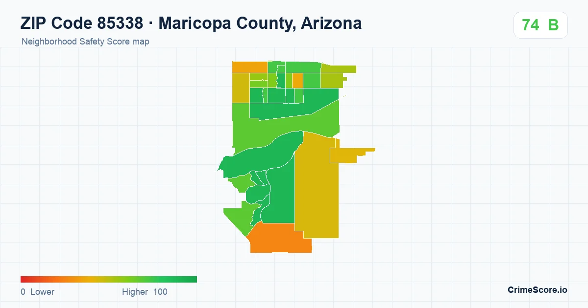ZIP Code 85338 in Maricopa County, Arizona neighborhood Safety Score map
