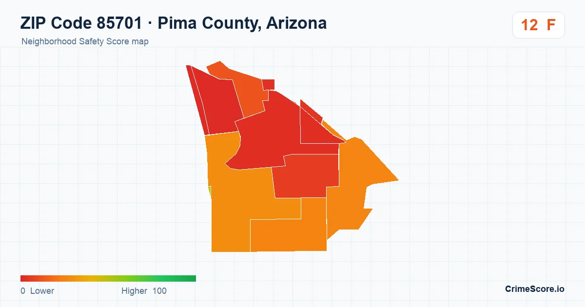 ZIP Code 85701 in Pima County, Arizona neighborhood Safety Score map