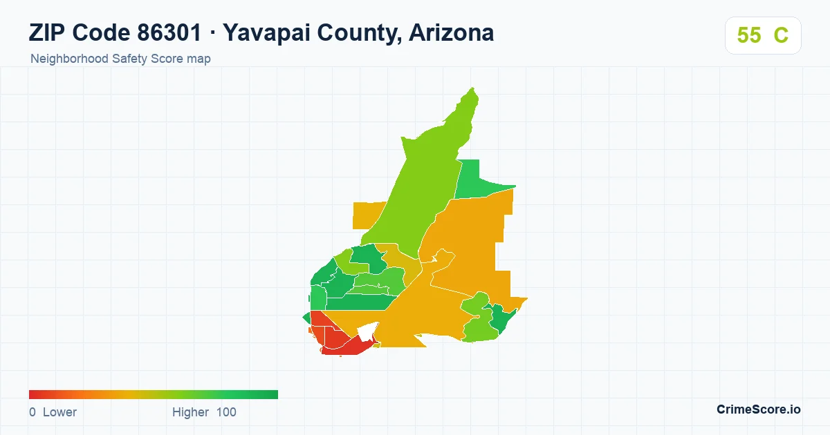 ZIP Code 86301 in Yavapai County, Arizona neighborhood Safety Score map