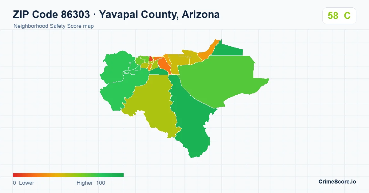ZIP Code 86303 in Yavapai County, Arizona neighborhood Safety Score map