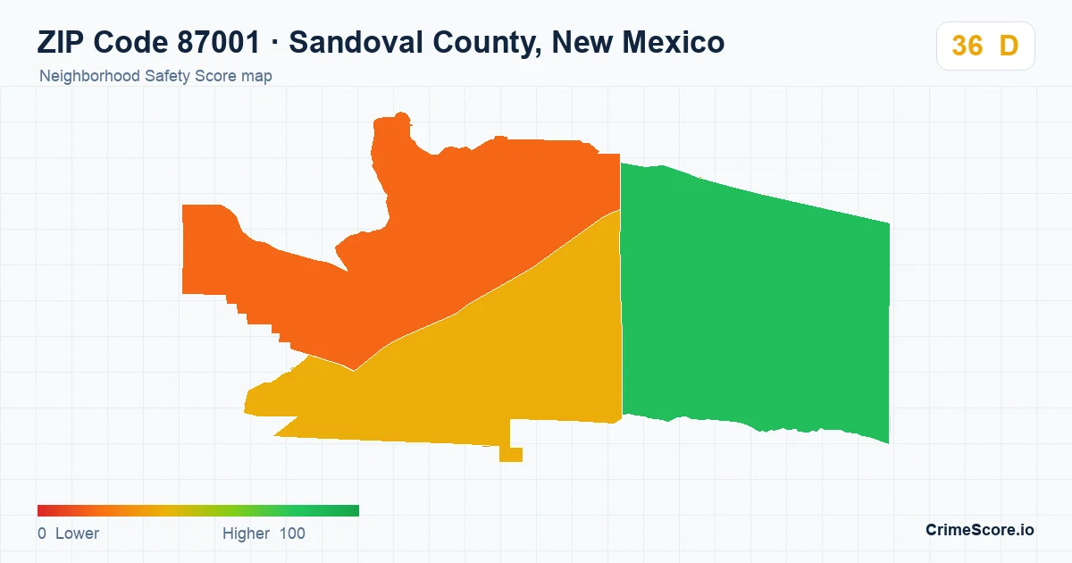 ZIP Code 87001 in Sandoval County, New Mexico neighborhood Safety Score map