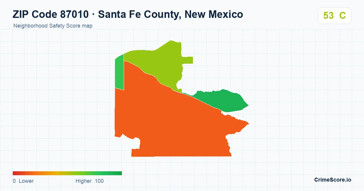 ZIP Code 87010 in Santa Fe County, New Mexico neighborhood Safety Score map