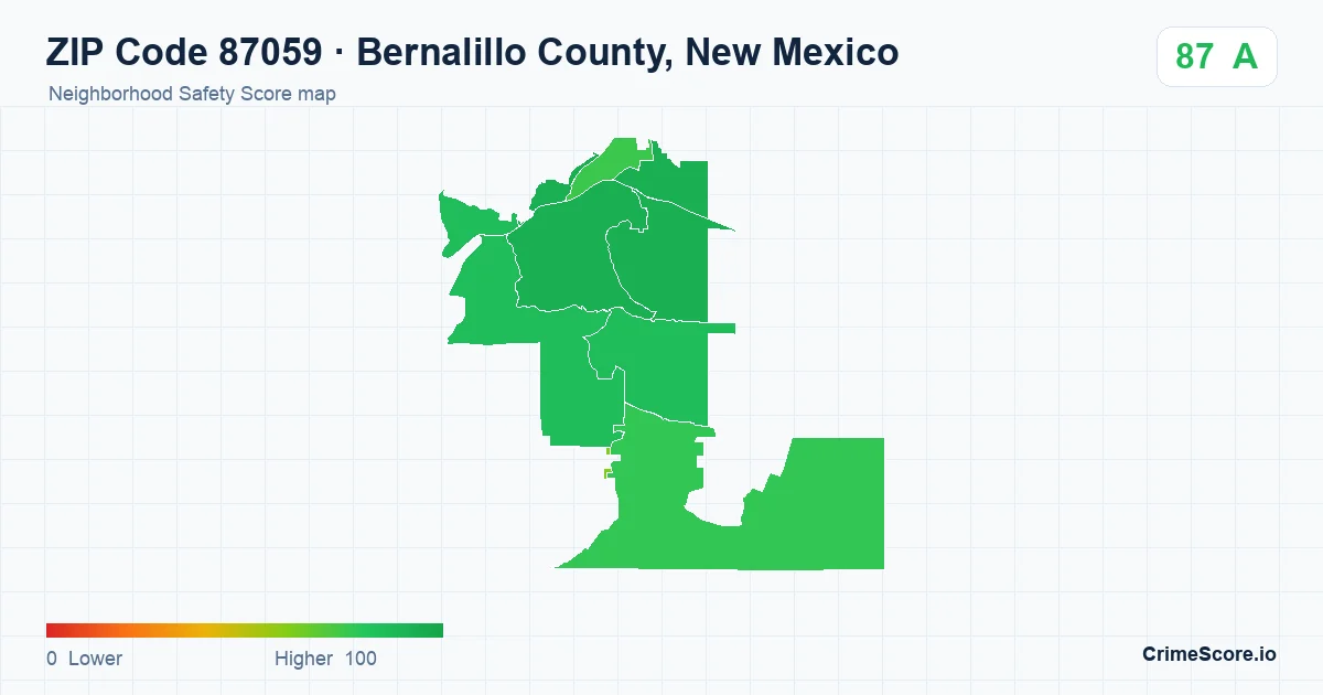 ZIP Code 87059 in Bernalillo County, New Mexico neighborhood Safety Score map