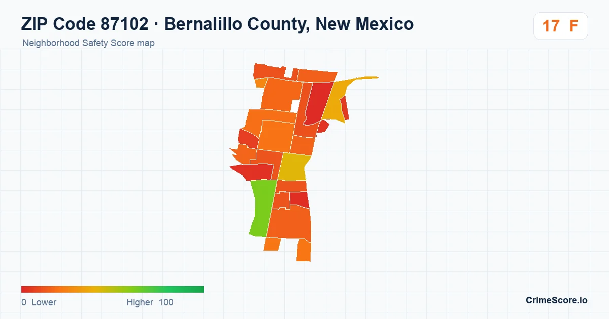 ZIP Code 87102 in Bernalillo County, New Mexico neighborhood Safety Score map