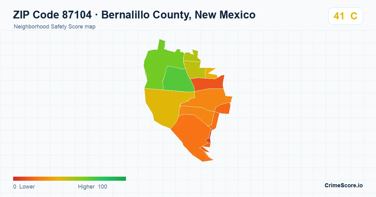 ZIP Code 87104 in Bernalillo County, New Mexico neighborhood Safety Score map