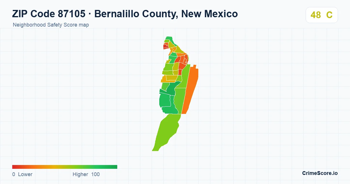 ZIP Code 87105 in Bernalillo County, New Mexico neighborhood Safety Score map