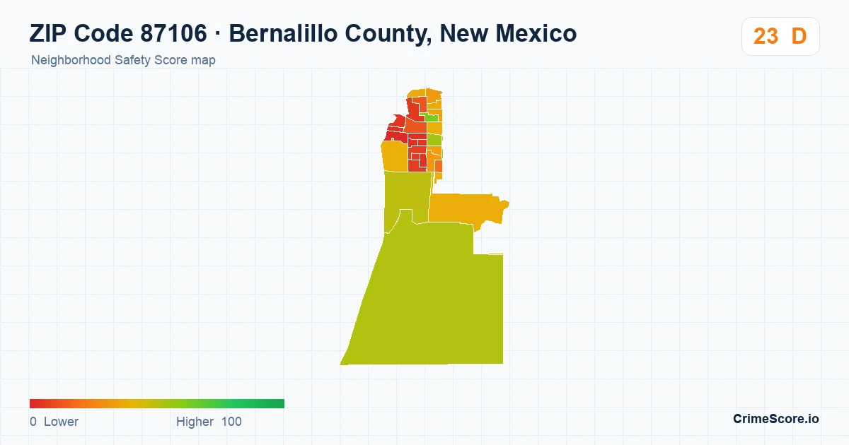 ZIP Code 87106 in Bernalillo County, New Mexico neighborhood Safety Score map