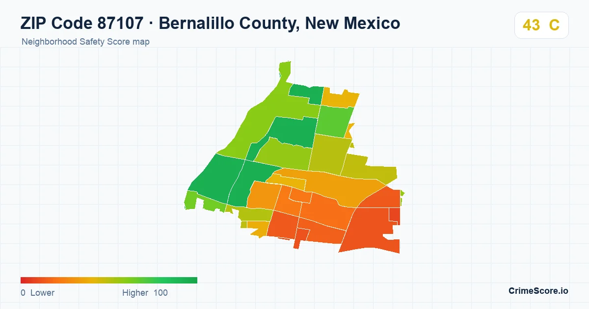 ZIP Code 87107 in Bernalillo County, New Mexico neighborhood Safety Score map