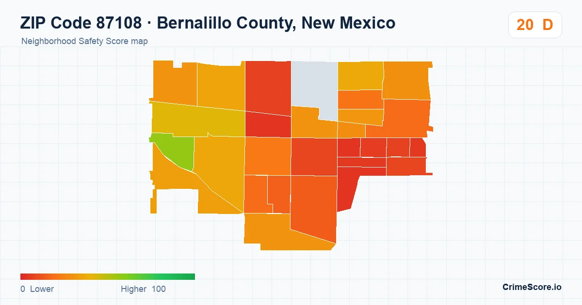 ZIP Code 87108 in Bernalillo County, New Mexico neighborhood Safety Score map
