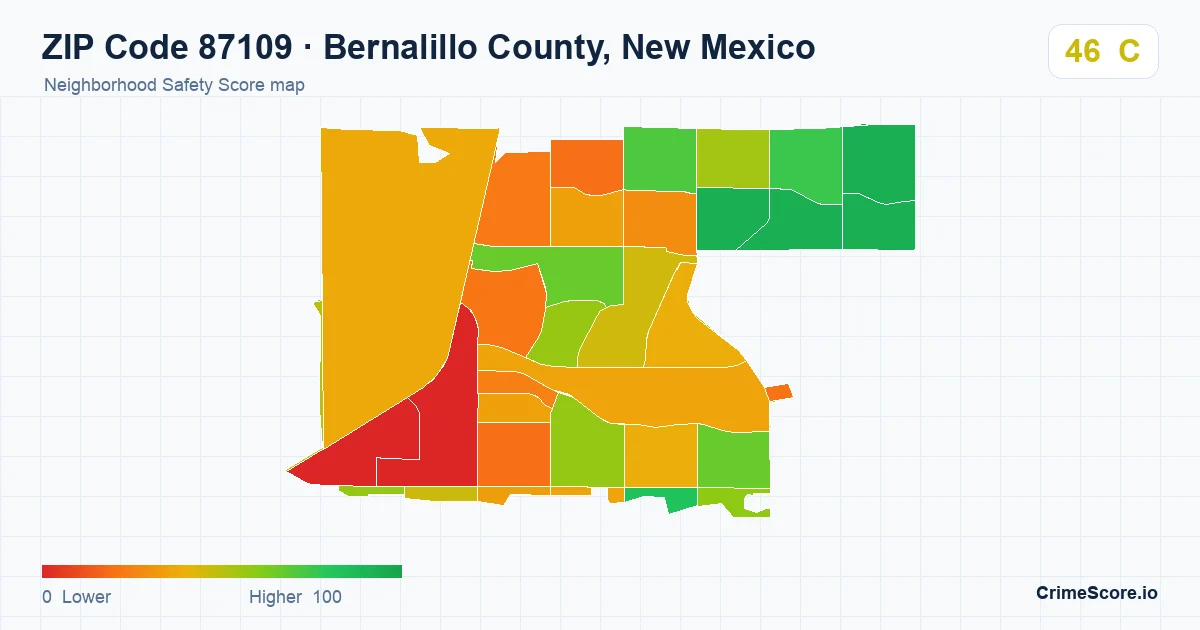 ZIP Code 87109 in Bernalillo County, New Mexico neighborhood Safety Score map