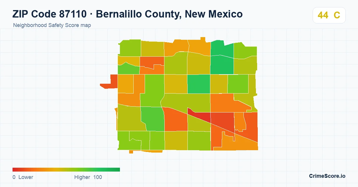 ZIP Code 87110 in Bernalillo County, New Mexico neighborhood Safety Score map
