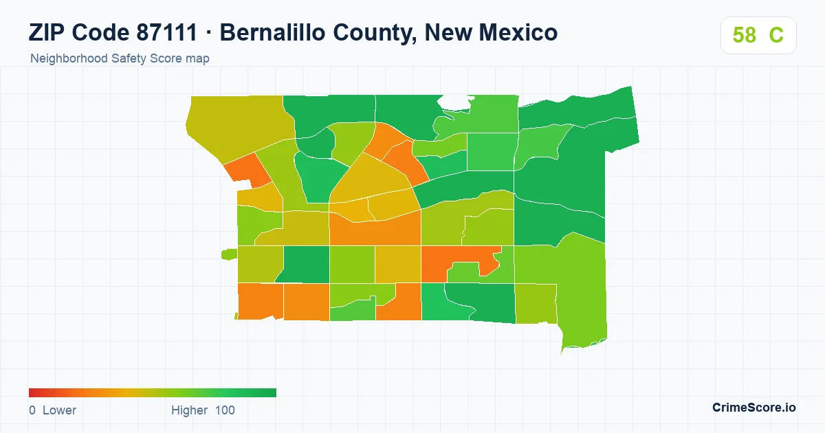 ZIP Code 87111 in Bernalillo County, New Mexico neighborhood Safety Score map