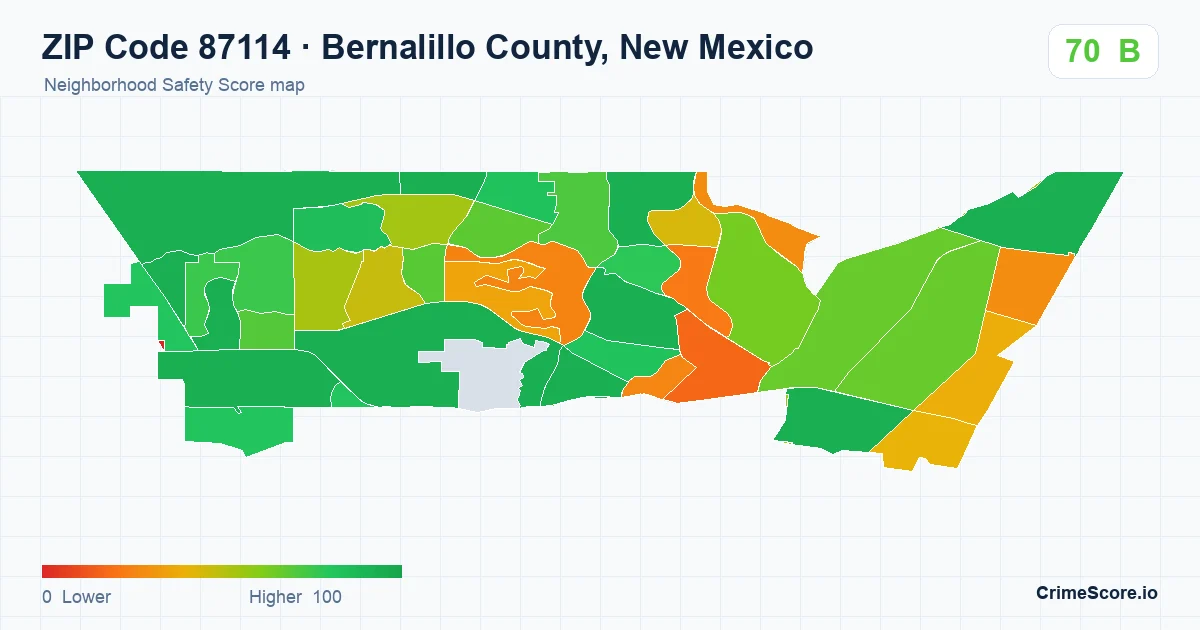 ZIP Code 87114 in Bernalillo County, New Mexico neighborhood Safety Score map
