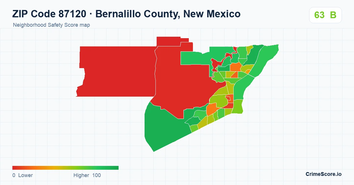 ZIP Code 87120 in Bernalillo County, New Mexico neighborhood Safety Score map