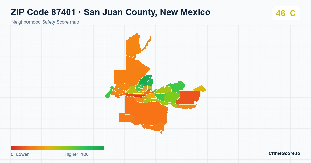 ZIP Code 87401 in San Juan County, New Mexico neighborhood Safety Score map