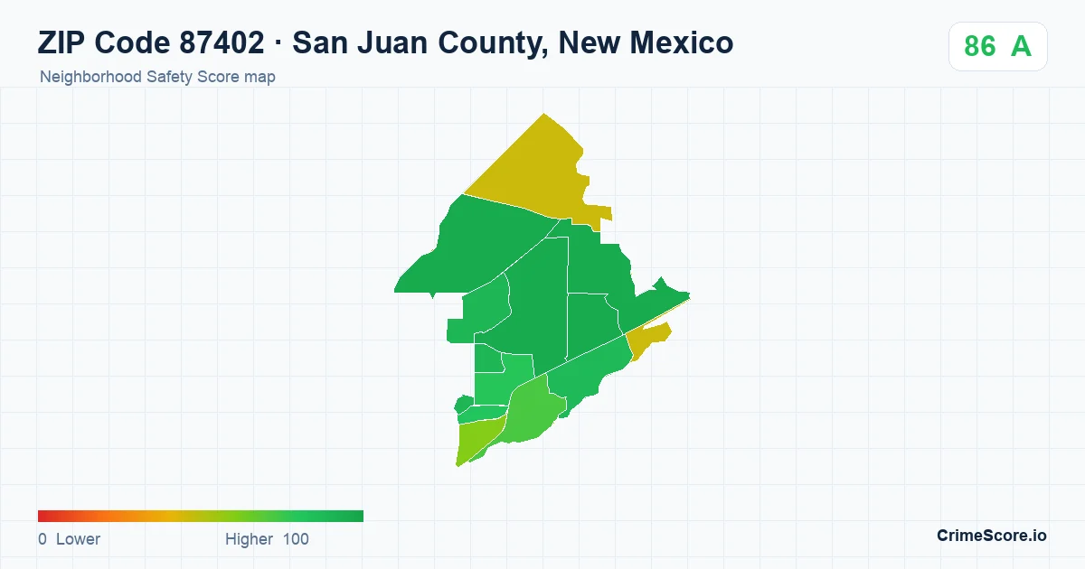 ZIP Code 87402 in San Juan County, New Mexico neighborhood Safety Score map