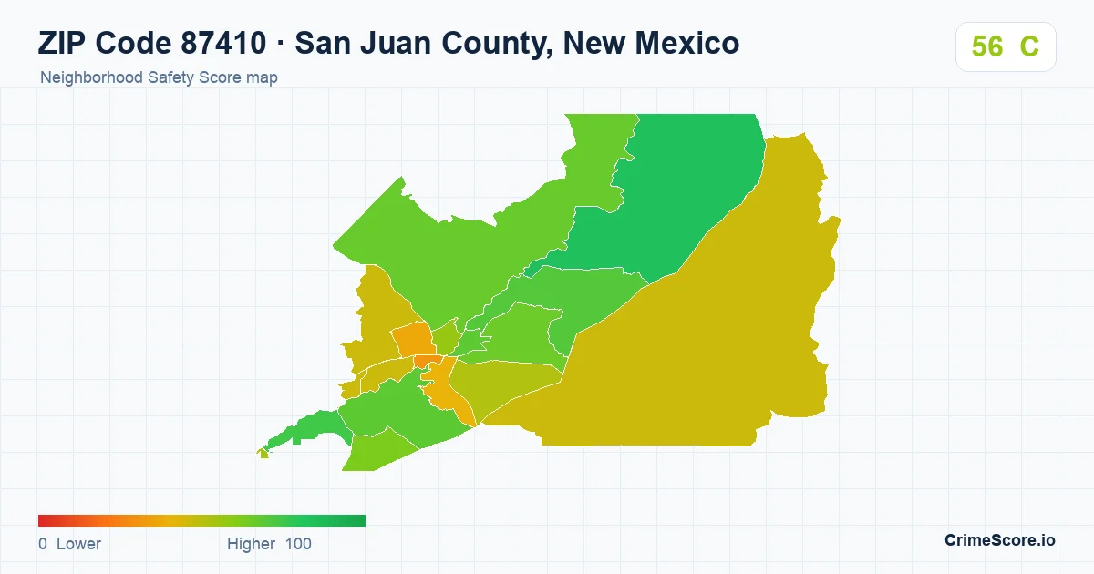 ZIP Code 87410 in San Juan County, New Mexico neighborhood Safety Score map