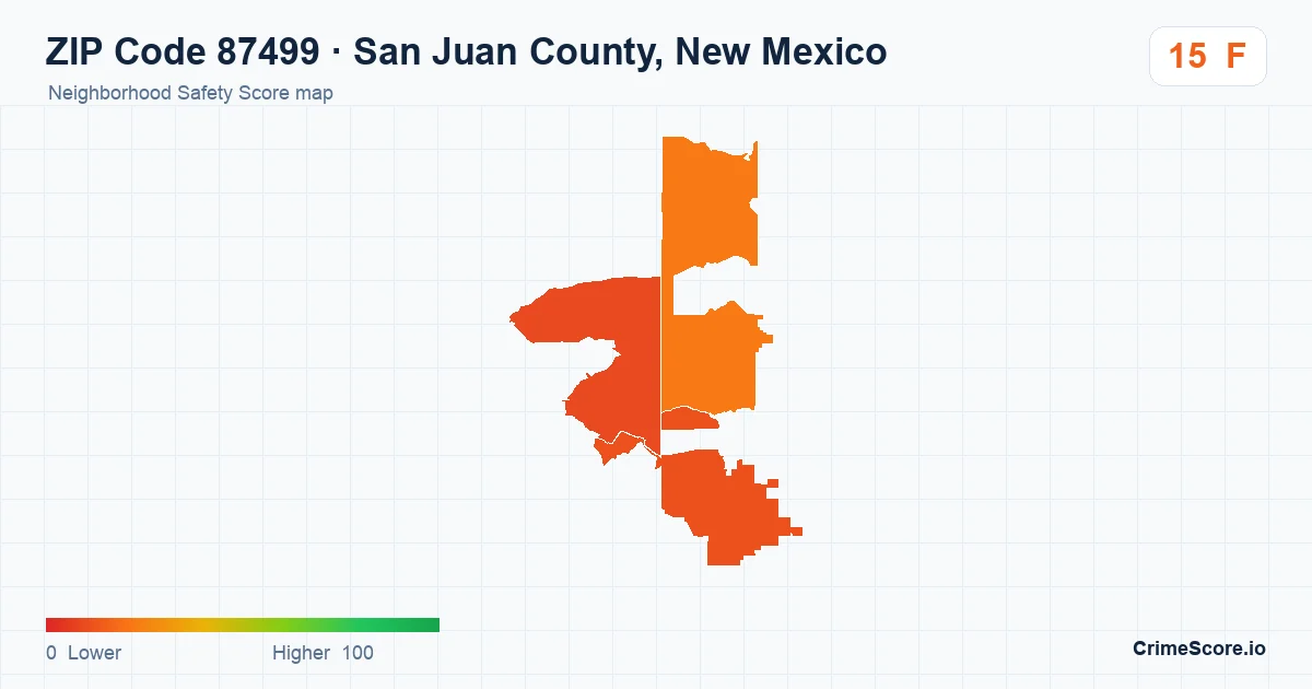 ZIP Code 87499 in San Juan County, New Mexico neighborhood Safety Score map