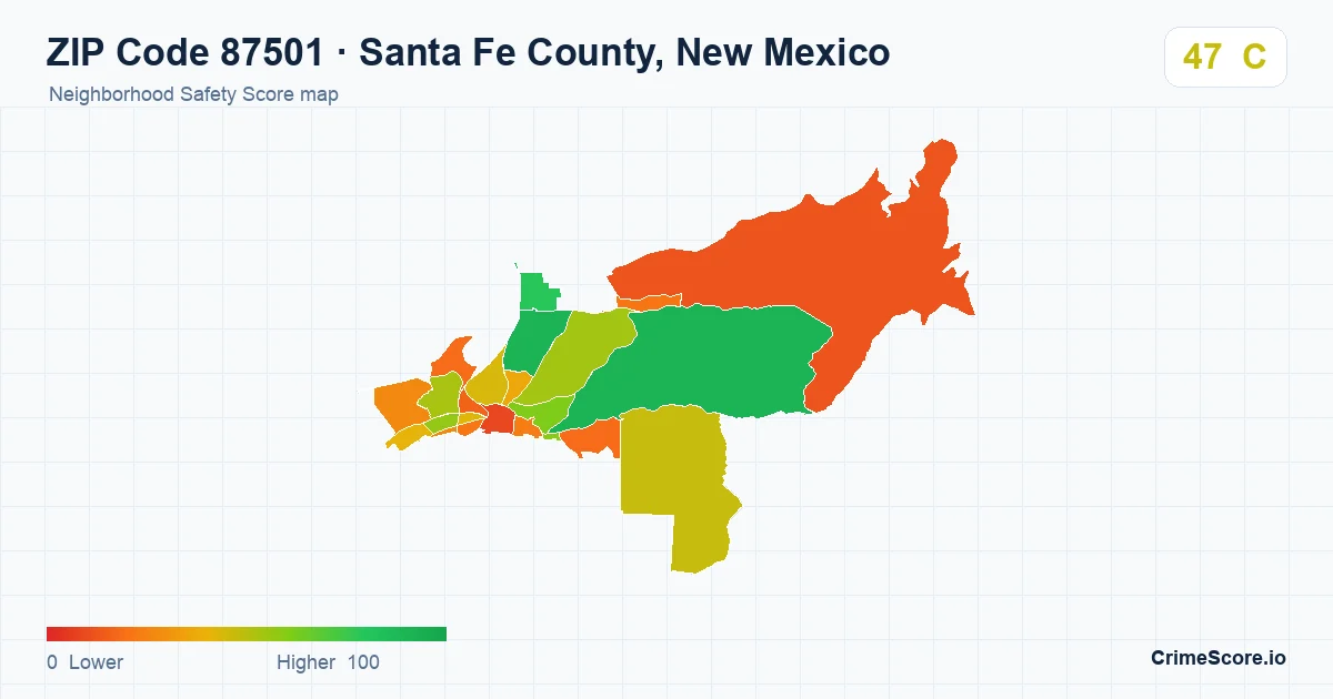 ZIP Code 87501 in Santa Fe County, New Mexico neighborhood Safety Score map