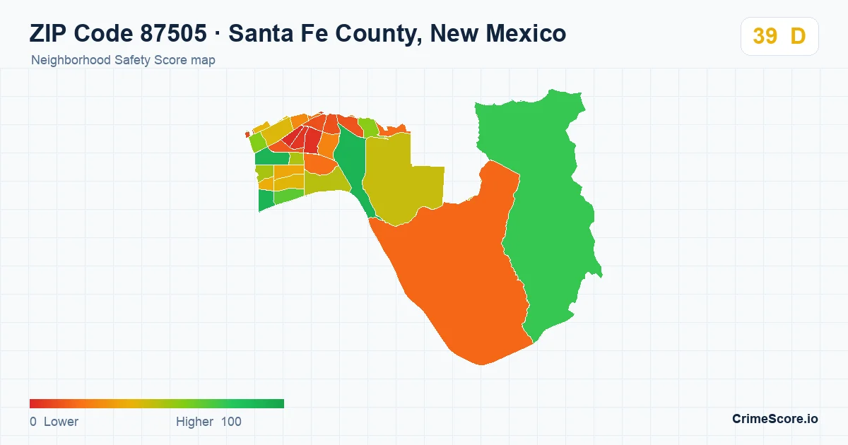 ZIP Code 87505 in Santa Fe County, New Mexico neighborhood Safety Score map