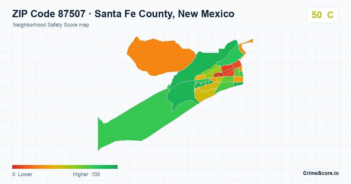 ZIP Code 87507 in Santa Fe County, New Mexico neighborhood Safety Score map