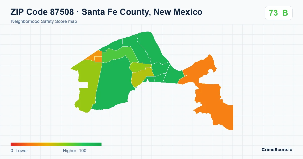 ZIP Code 87508 in Santa Fe County, New Mexico neighborhood Safety Score map
