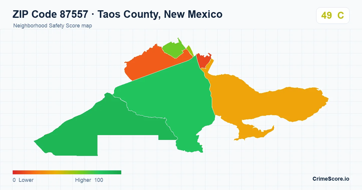 ZIP Code 87557 in Taos County, New Mexico neighborhood Safety Score map