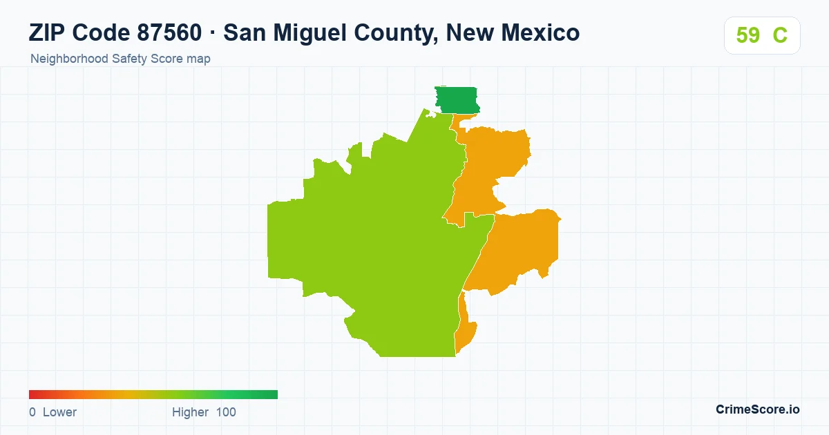 ZIP Code 87560 in San Miguel County, New Mexico neighborhood Safety Score map