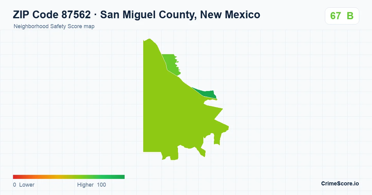 ZIP Code 87562 in San Miguel County, New Mexico neighborhood Safety Score map