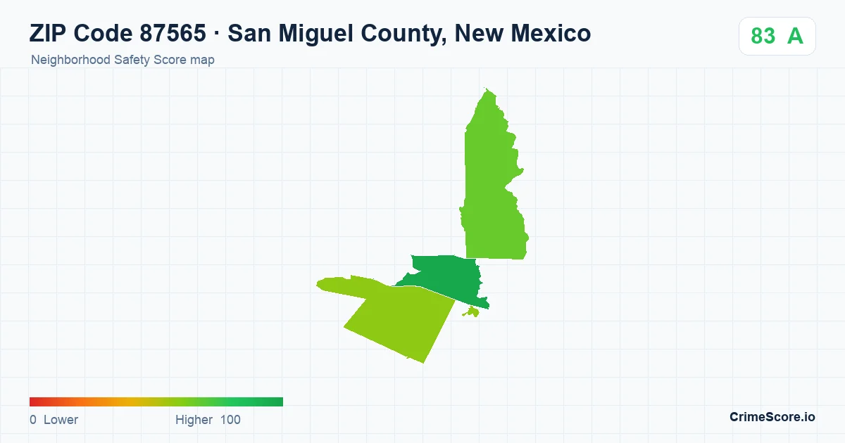 ZIP Code 87565 in San Miguel County, New Mexico neighborhood Safety Score map
