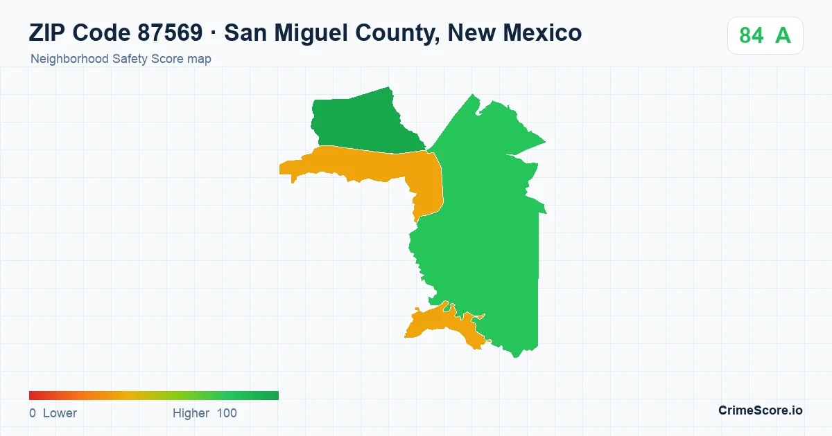ZIP Code 87569 in San Miguel County, New Mexico neighborhood Safety Score map