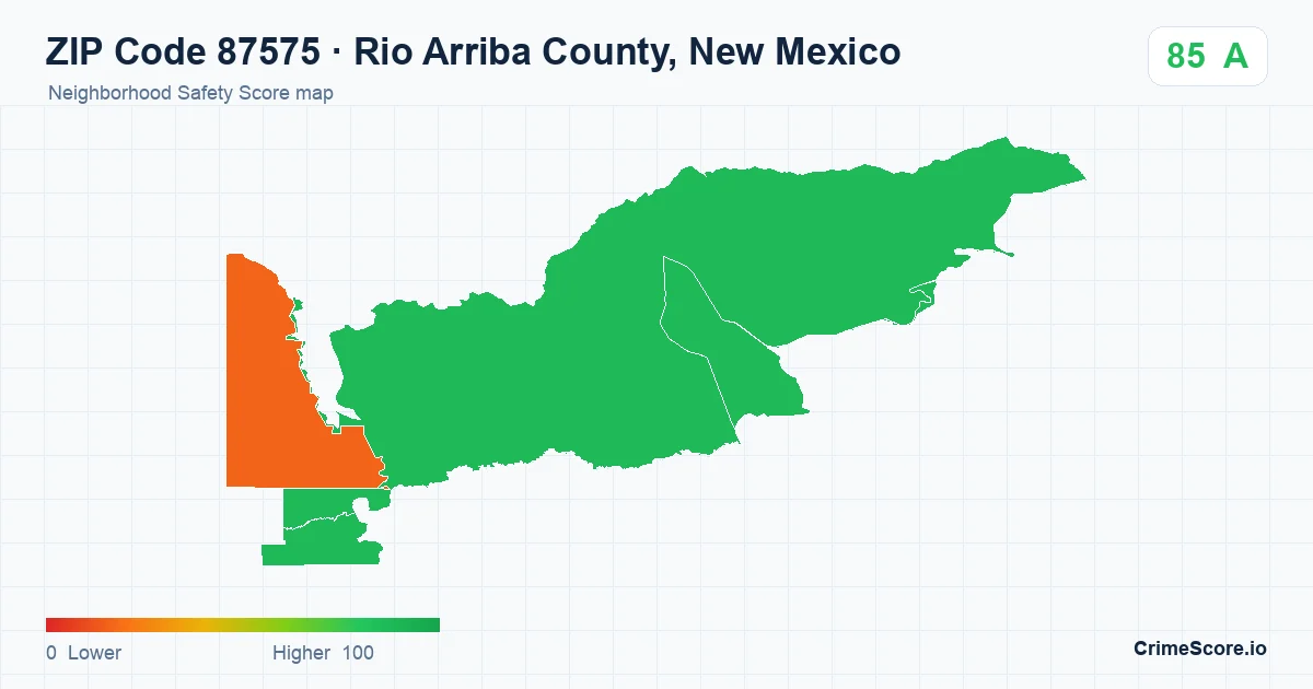 ZIP Code 87575 in Rio Arriba County, New Mexico neighborhood Safety Score map