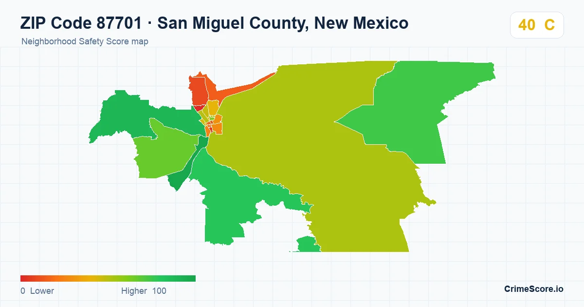 ZIP Code 87701 in San Miguel County, New Mexico neighborhood Safety Score map
