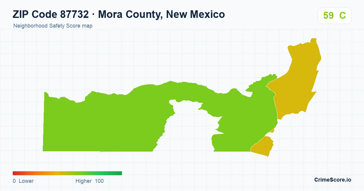 ZIP Code 87732 in Mora County, New Mexico neighborhood Safety Score map