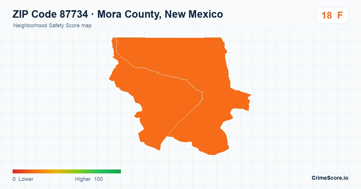 ZIP Code 87734 in Mora County, New Mexico neighborhood Safety Score map