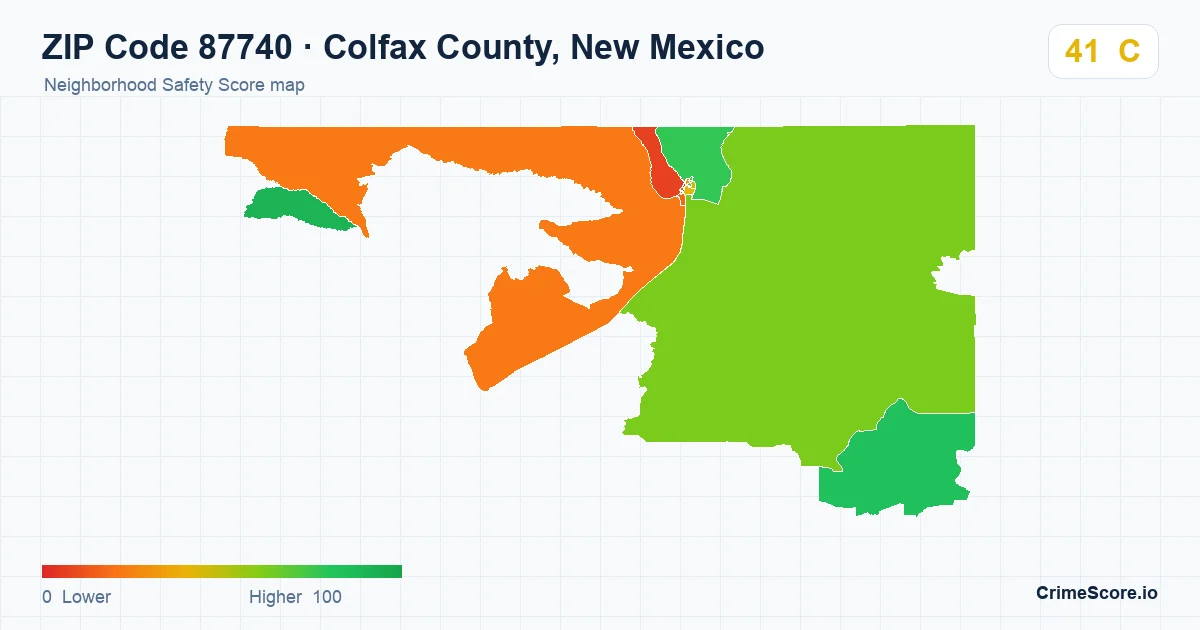 ZIP Code 87740 in Colfax County, New Mexico neighborhood Safety Score map