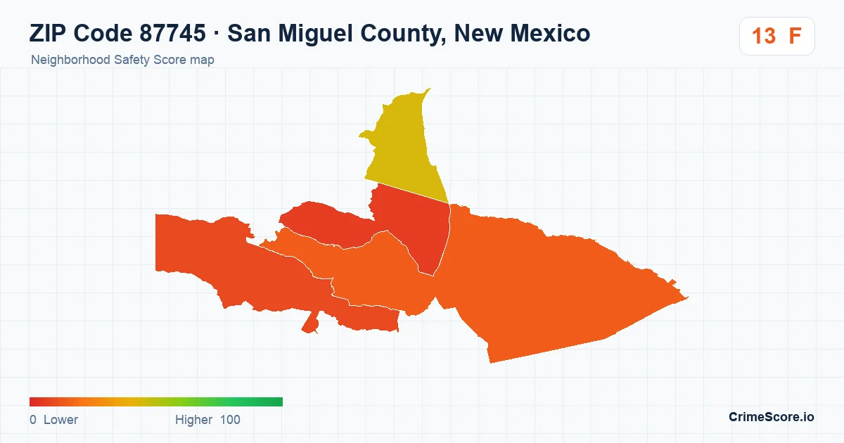 ZIP Code 87745 in San Miguel County, New Mexico neighborhood Safety Score map