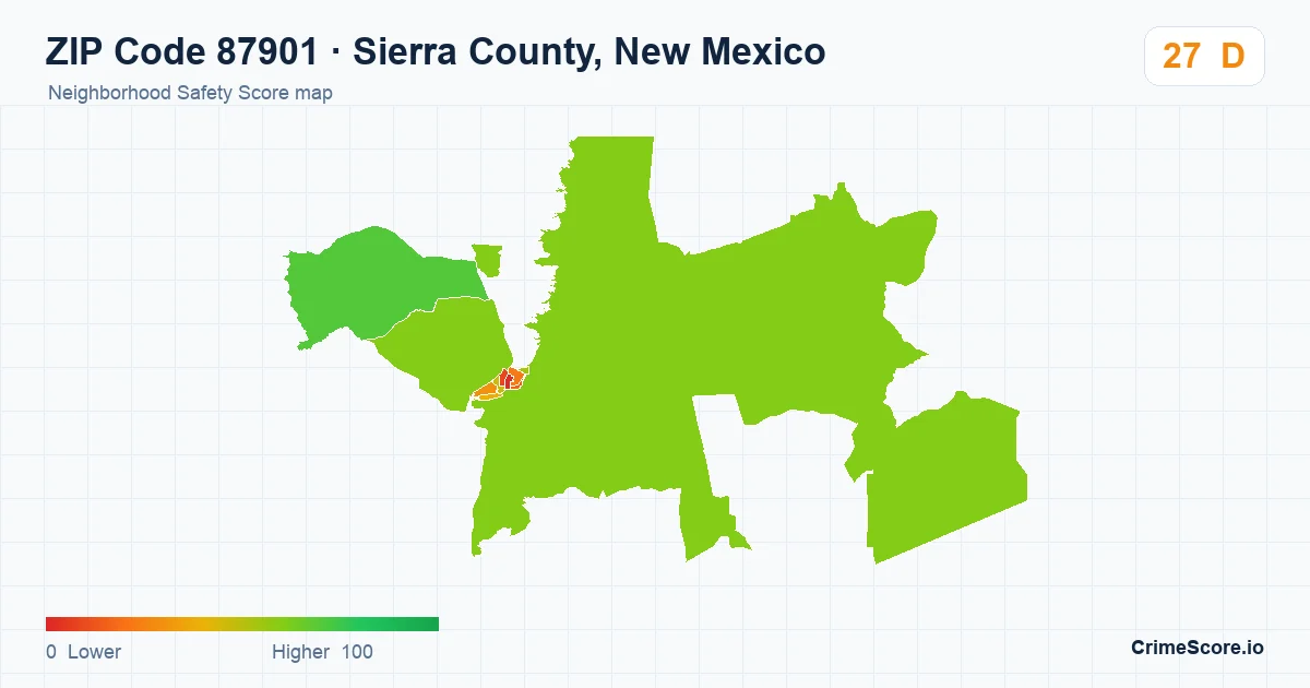 ZIP Code 87901 in Sierra County, New Mexico neighborhood Safety Score map