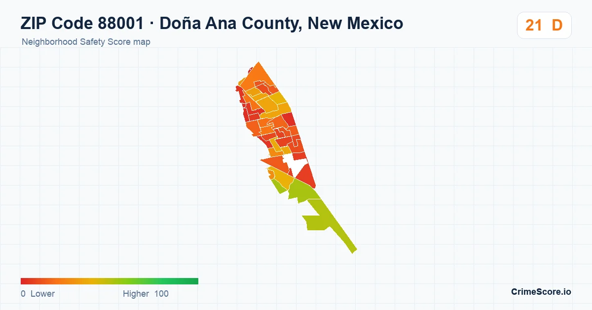 ZIP Code 88001 in Doña Ana County, New Mexico neighborhood Safety Score map