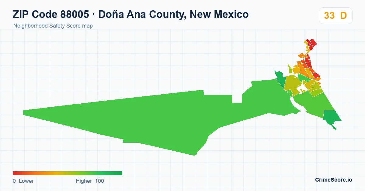 ZIP Code 88005 in Doña Ana County, New Mexico neighborhood Safety Score map