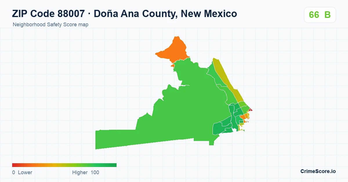 ZIP Code 88007 in Doña Ana County, New Mexico neighborhood Safety Score map