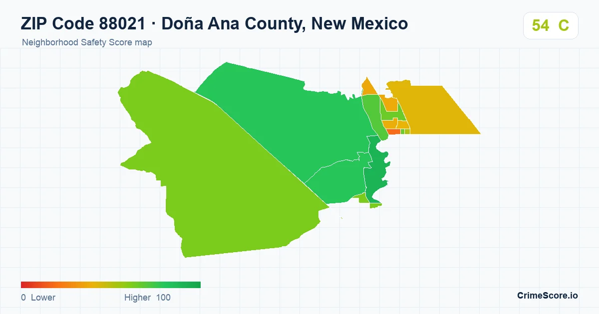 ZIP Code 88021 in Doña Ana County, New Mexico neighborhood Safety Score map