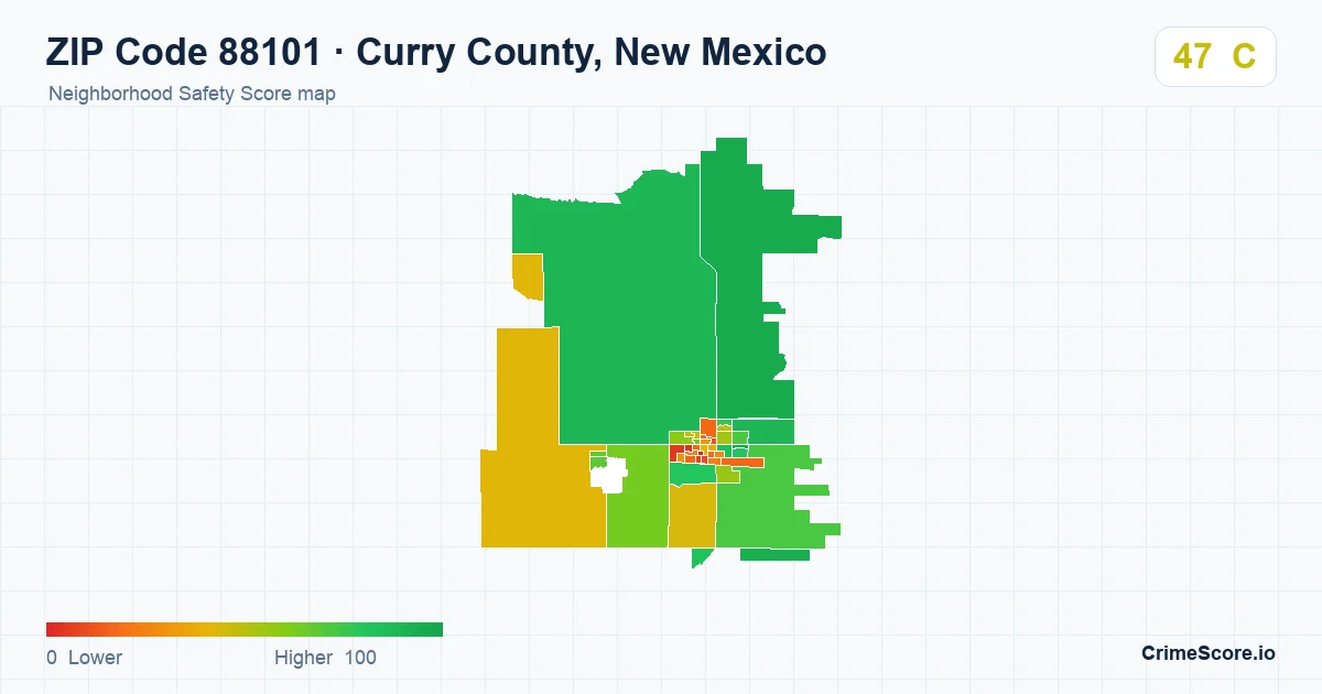 ZIP Code 88101 in Curry County, New Mexico neighborhood Safety Score map