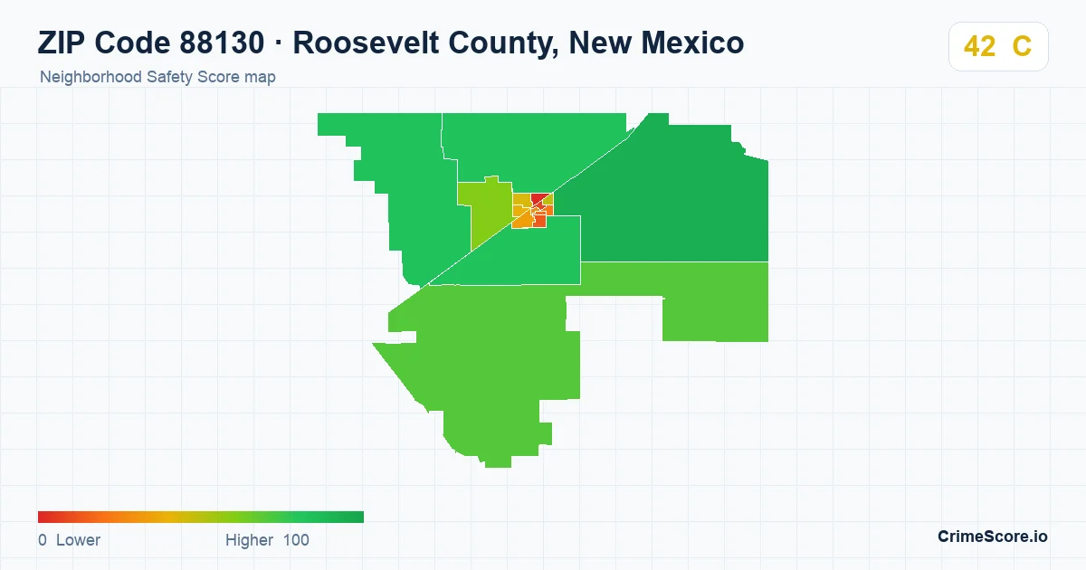 ZIP Code 88130 in Roosevelt County, New Mexico neighborhood Safety Score map