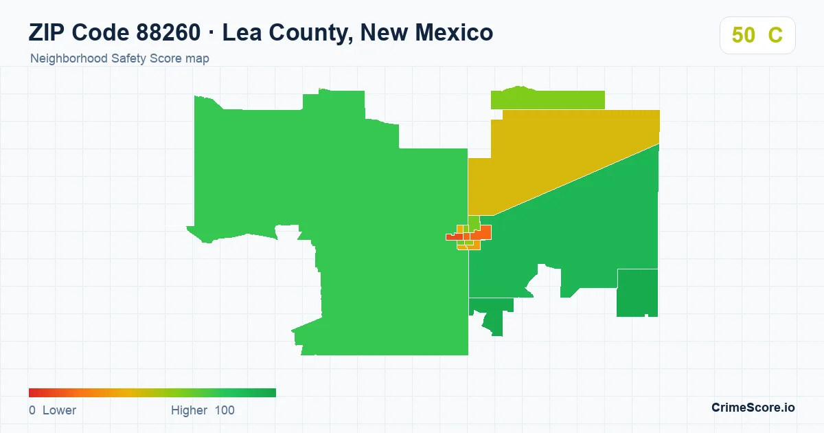 ZIP Code 88260 in Lea County, New Mexico neighborhood Safety Score map