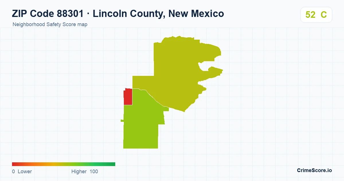 ZIP Code 88301 in Lincoln County, New Mexico neighborhood Safety Score map
