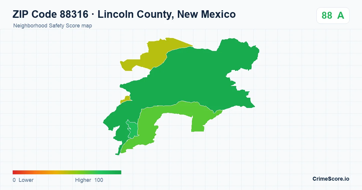 ZIP Code 88316 in Lincoln County, New Mexico neighborhood Safety Score map