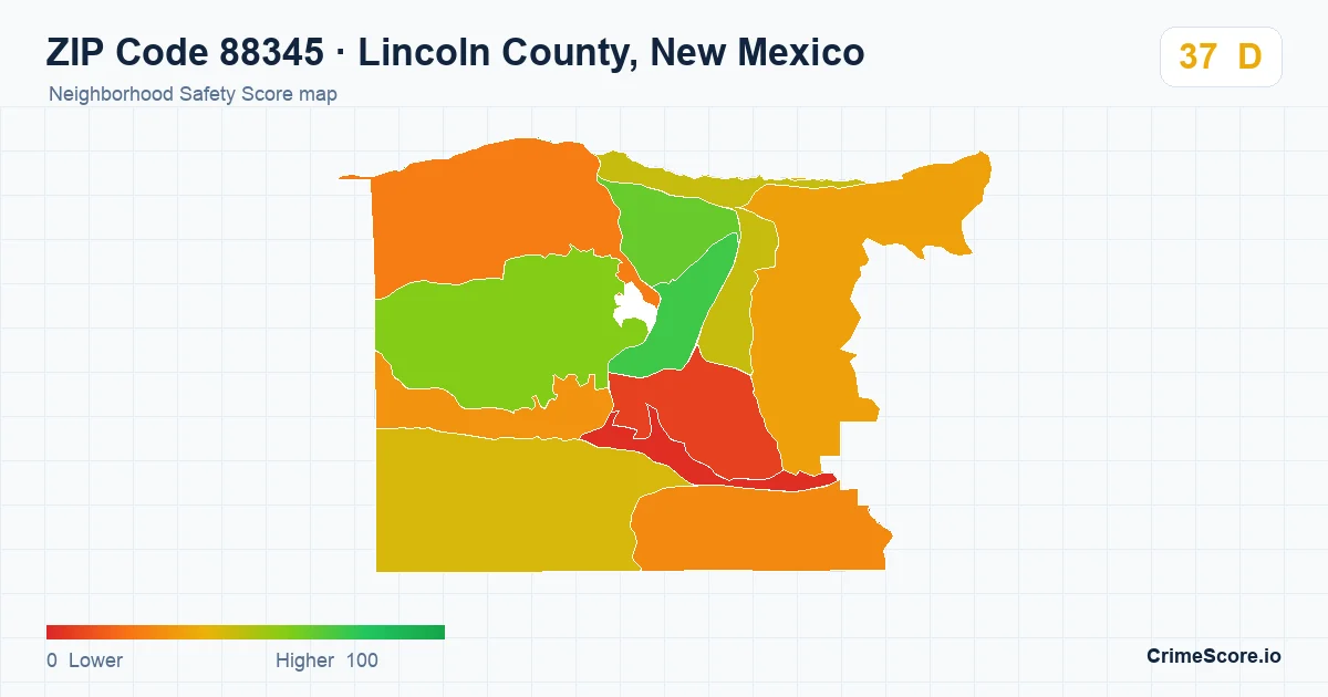 ZIP Code 88345 in Lincoln County, New Mexico neighborhood Safety Score map